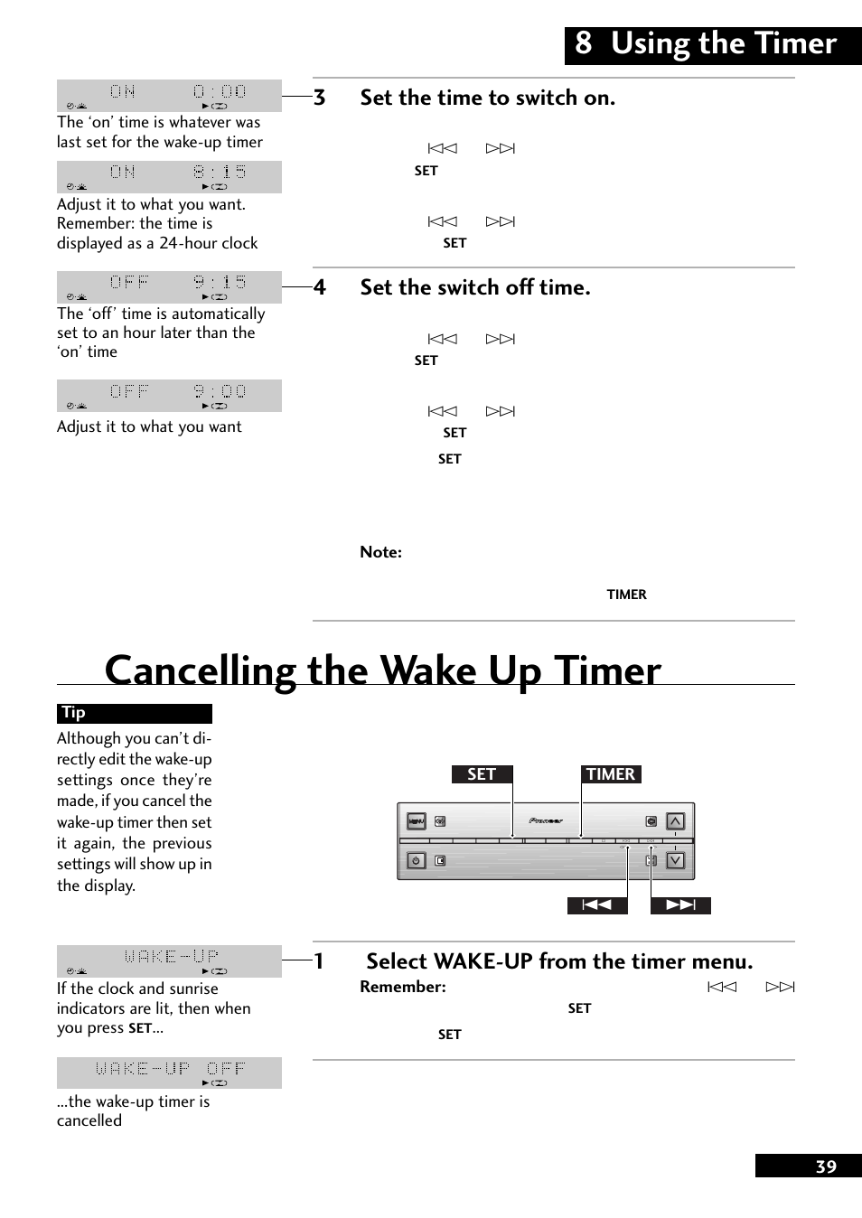 Cancelling the wake up timer, 8 using the timer, 3set the time to switch on | 4set the switch off time, 1select wake-up from the timer menu | Pioneer CT-L77 User Manual | Page 39 / 48