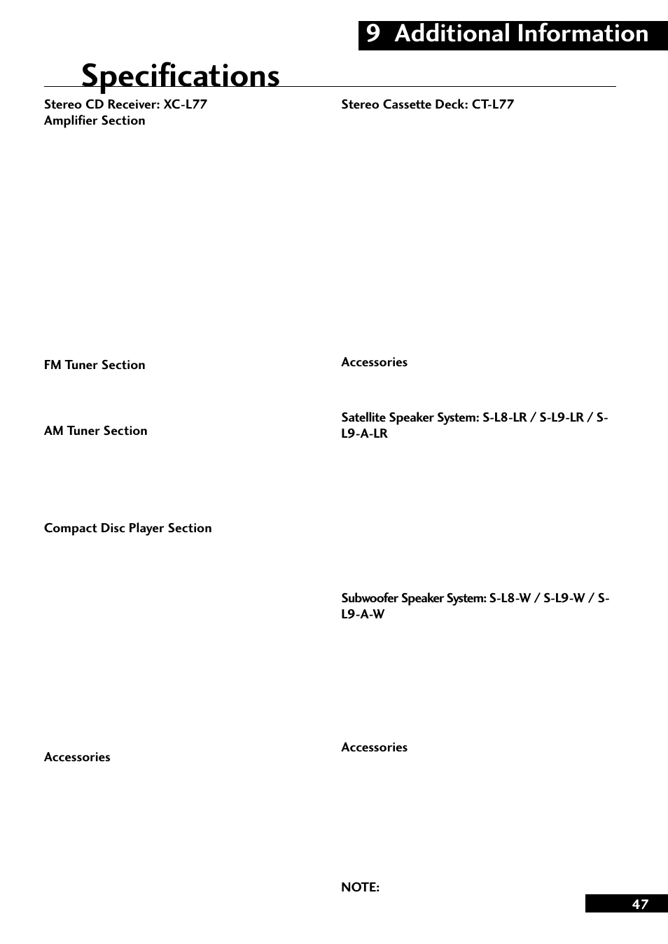 Specifications, 9 additional information | Pioneer CT-L77 User Manual | Page 47 / 48