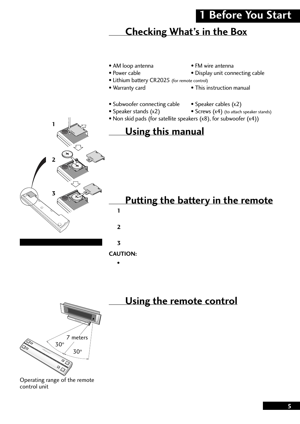 1 before you start, Checking what’s in the box, Using this manual | Putting the battery in the remote, Using the remote control | Pioneer CT-L77 User Manual | Page 5 / 48