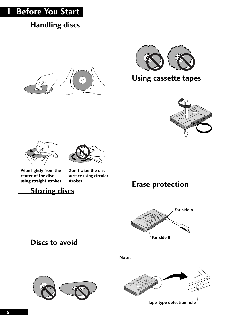 1 before you start, Storing discs, Discs to avoid | Handling discs, Using cassette tapes, Erase protection | Pioneer CT-L77 User Manual | Page 6 / 48