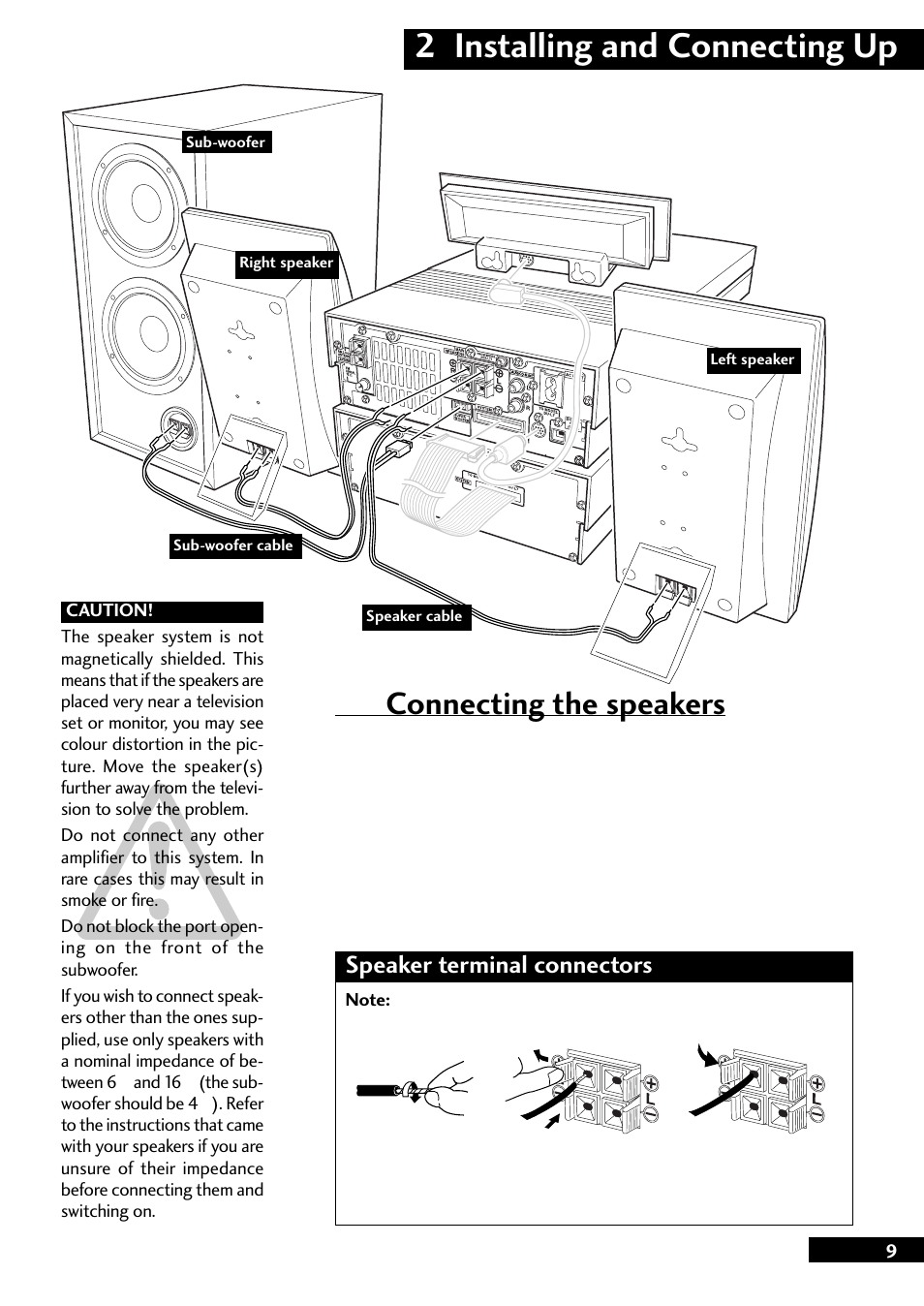2 installing and connecting up, Connecting the speakers, Speaker terminal connectors | Pioneer CT-L77 User Manual | Page 9 / 48