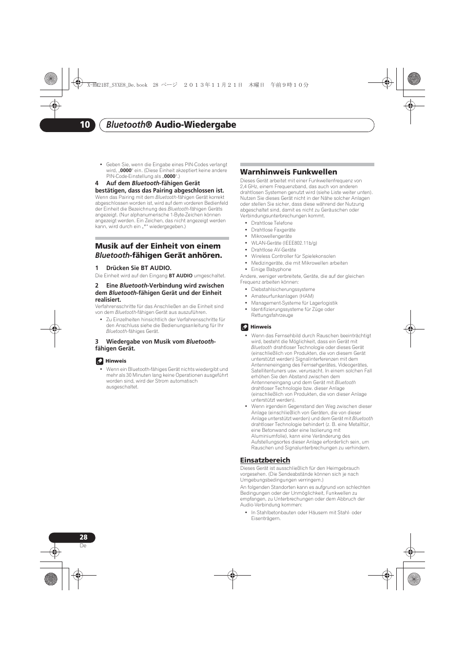 Musik auf der einheit von einem bluetooth -fähigen, Gerät anhören, Warnhinweis funkwellen | Einsatzbereich, Bluetooth ® audio-wiedergabe | Pioneer X-HM21BT-S User Manual | Page 100 / 256