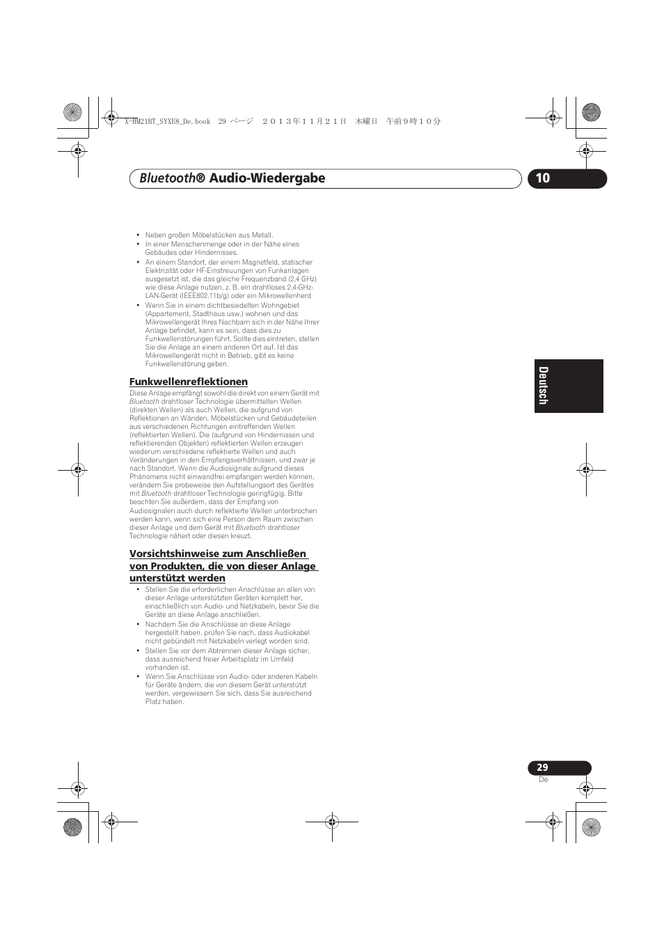 Funkwellenreflektionen, Vorsichtshinweise zum anschließen von produkten, Die von dieser anlage unterstützt werden | Bluetooth ® audio-wiedergabe | Pioneer X-HM21BT-S User Manual | Page 101 / 256