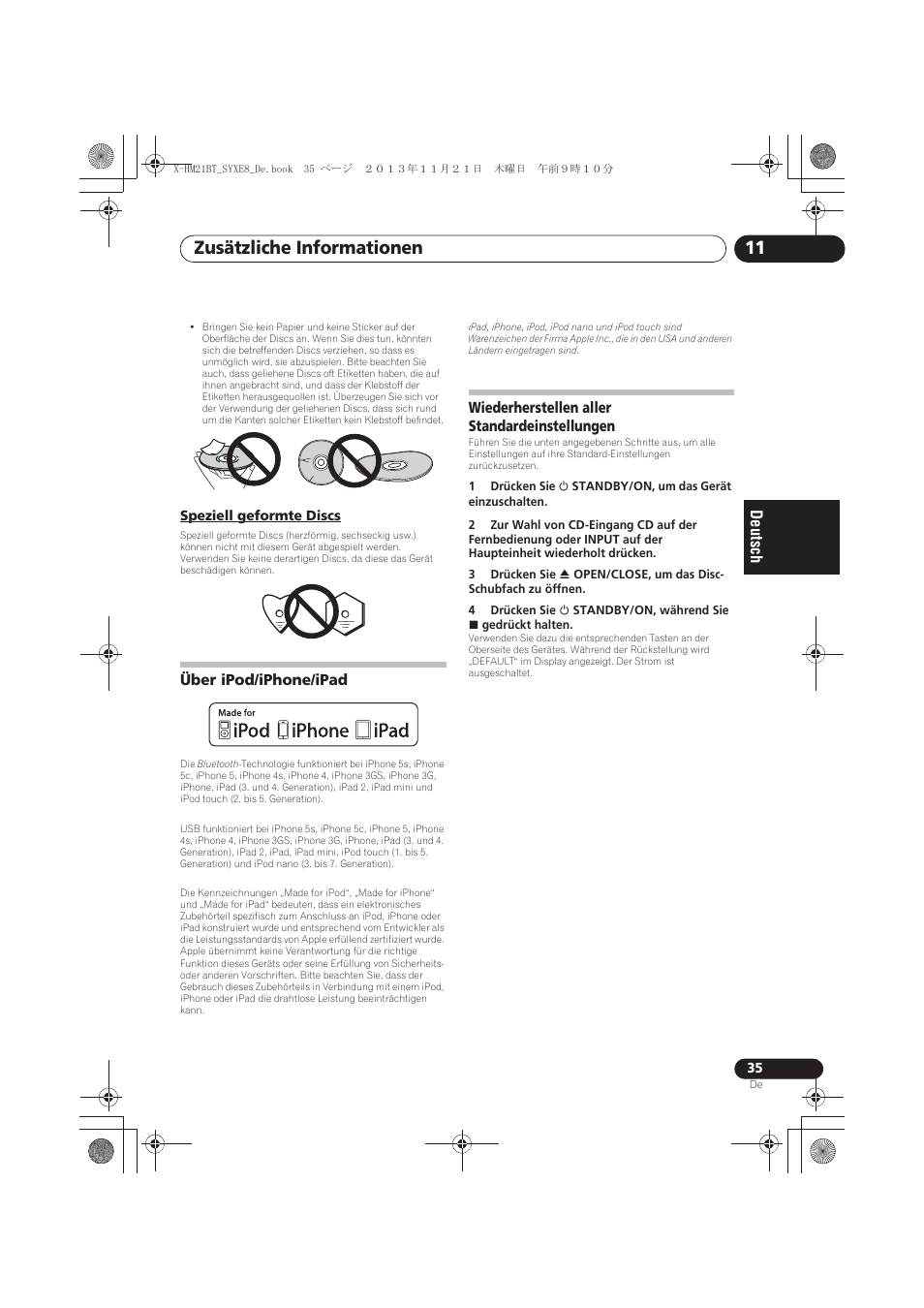 Speziell geformte discs, Über ipod/iphone/ipad, Wiederherstellen aller standardeinstellungen | Zusätzliche informationen 11 | Pioneer X-HM21BT-S User Manual | Page 107 / 256