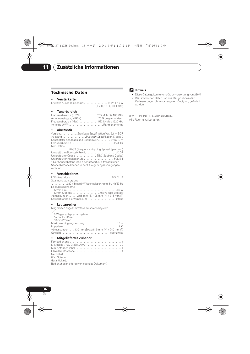 Technische daten, Zusätzliche informationen 11 | Pioneer X-HM21BT-S User Manual | Page 108 / 256