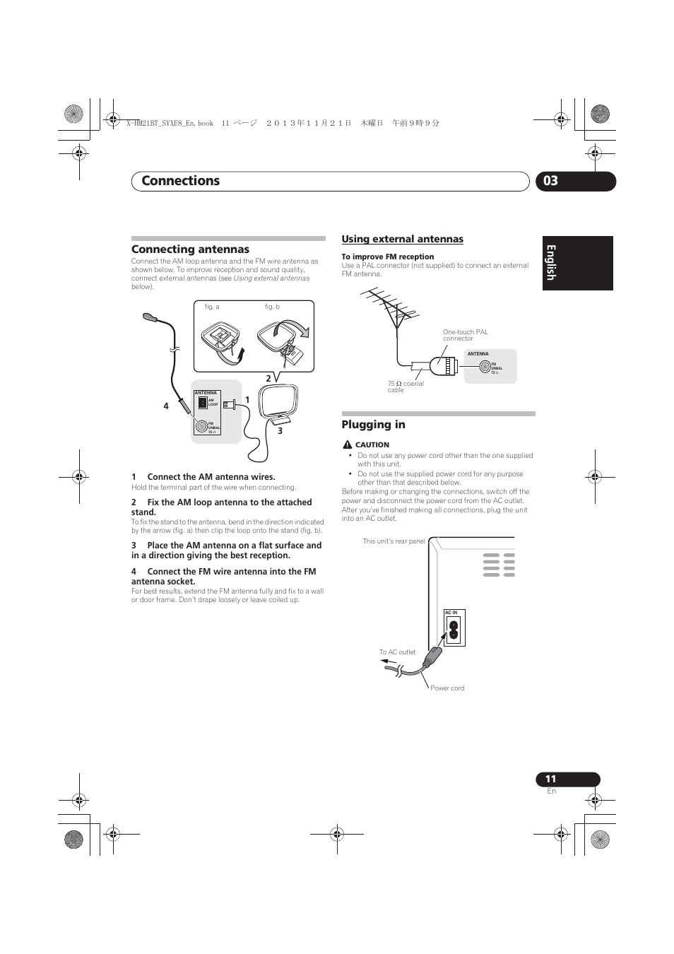 Connecting antennas, Using external antennas, Plugging in | Connections 03, English français español | Pioneer X-HM21BT-S User Manual | Page 11 / 256