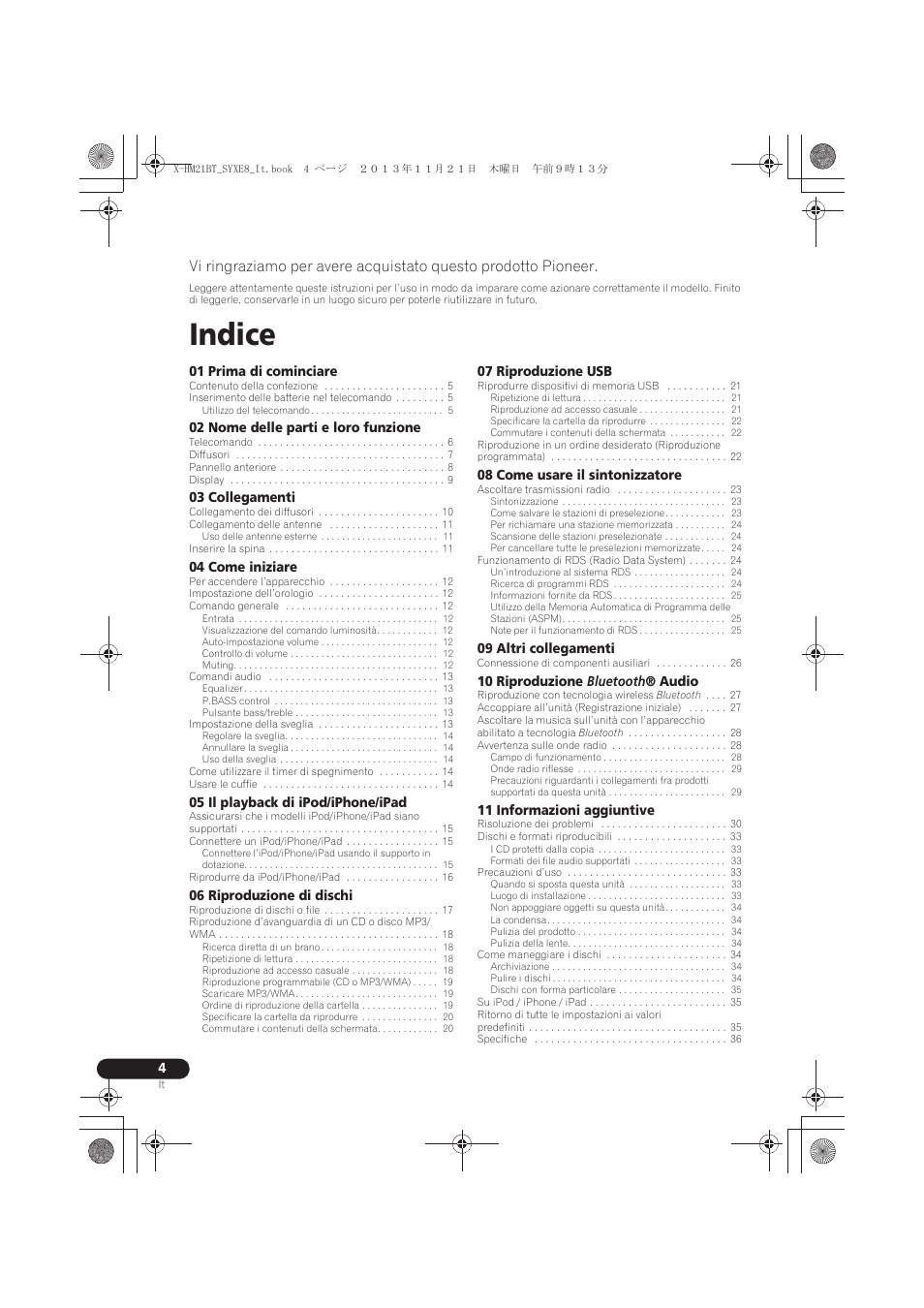 Sistema cd con amplificatore | cd receiver system, Istruzioni per l’uso, Indice | Pioneer X-HM21BT-S User Manual | Page 112 / 256