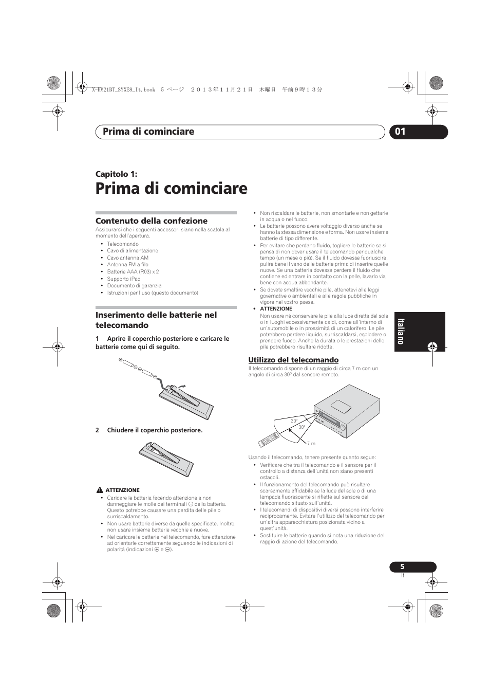 01 prima di cominciare, Contenuto della confezione, Inserimento delle batterie nel telecomando | Utilizzo del telecomando, Prima di cominciare, Prima di cominciare 01, Capitolo 1 | Pioneer X-HM21BT-S User Manual | Page 113 / 256