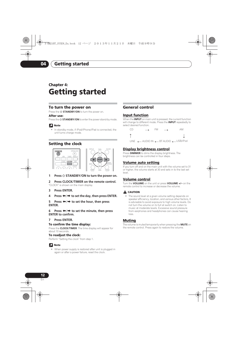 04 getting started, To turn the power on, Setting the clock | General control, Input function, Display brightness control, Volume auto setting, Volume control, Muting, Getting started | Pioneer X-HM21BT-S User Manual | Page 12 / 256