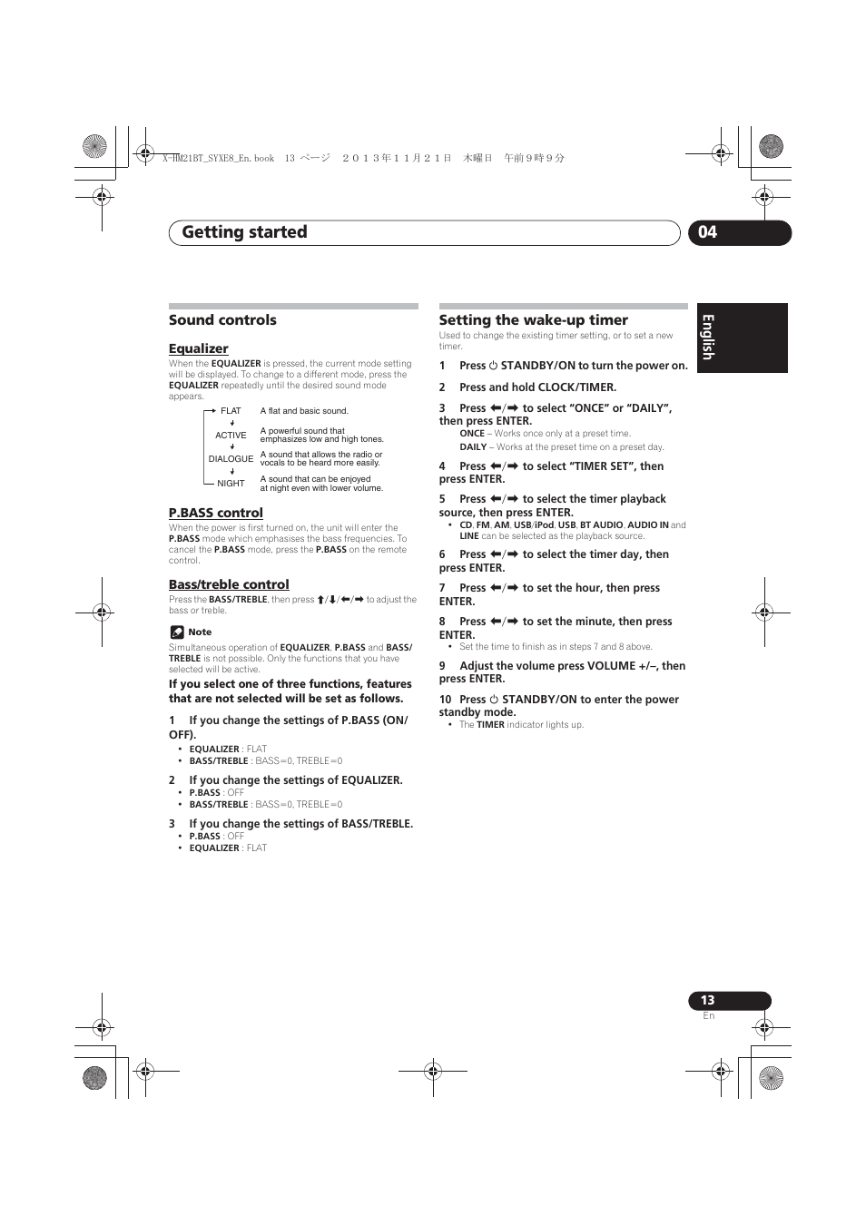 Sound controls, Equalizer, P.bass control | Bass/treble control, Setting the wake-up timer, Getting started 04, English français español | Pioneer X-HM21BT-S User Manual | Page 13 / 256