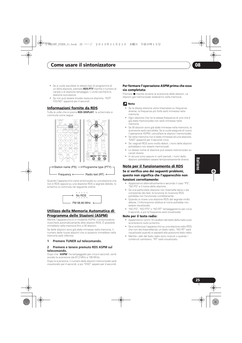 Informazioni fornite da rds, Stazioni (aspm), Note per il funzionamento di rds | Come usare il sintonizzatore 08 | Pioneer X-HM21BT-S User Manual | Page 133 / 256