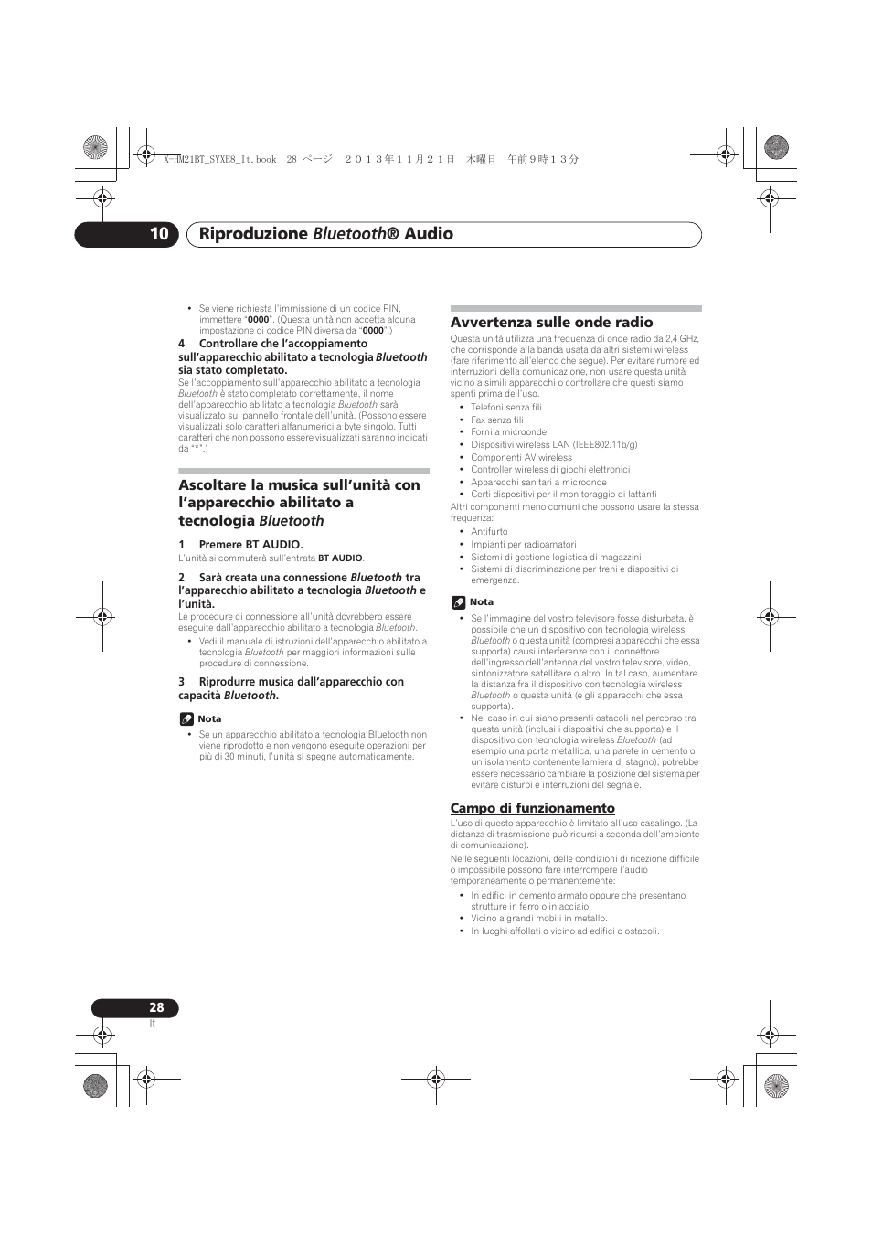 Ascoltare la musica sull’unità con l’apparecchio, Abilitato a tecnologia bluetooth, Avvertenza sulle onde radio | Campo di funzionamento, Riproduzione bluetooth ® audio | Pioneer X-HM21BT-S User Manual | Page 136 / 256