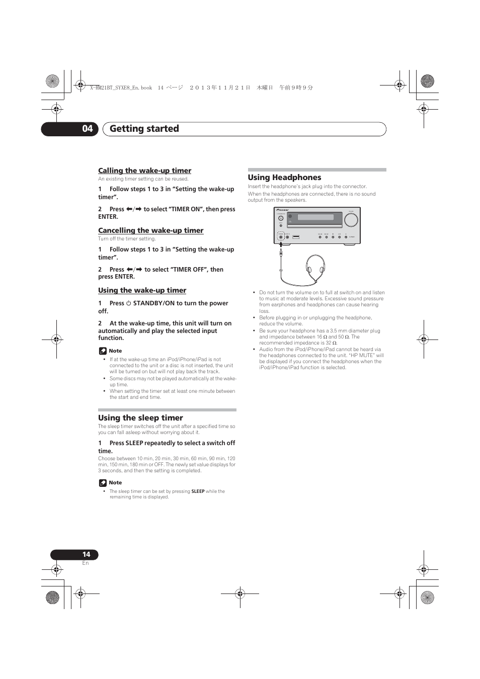 Calling the wake-up timer, Cancelling the wake-up timer, Using the wake-up timer | Using the sleep timer, Using headphones, Getting started 04, Timer | Pioneer X-HM21BT-S User Manual | Page 14 / 256