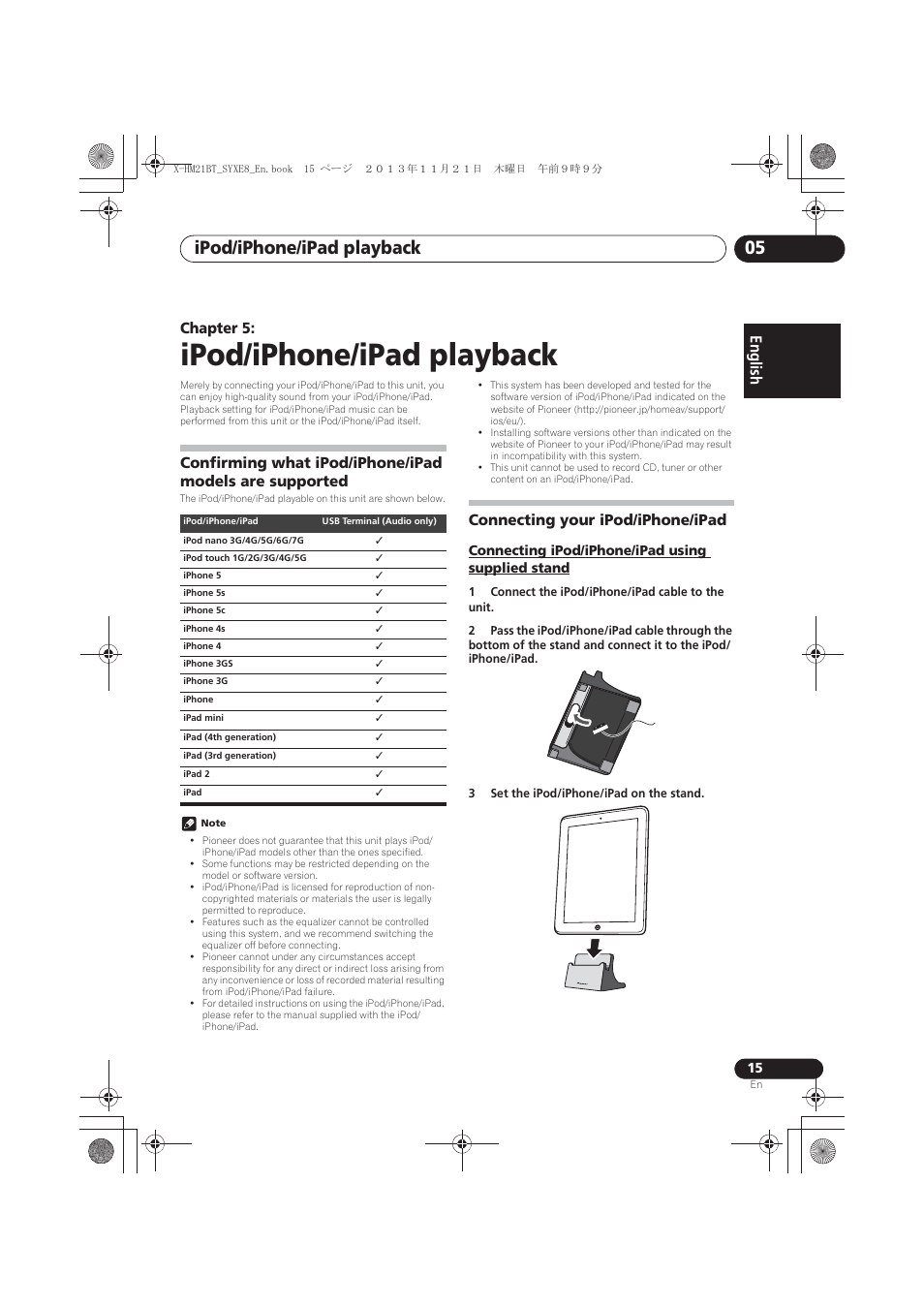 05 ipod/iphone/ipad playback, Confirming what ipod/iphone/ipad models are, Supported | Connecting your ipod/iphone/ipad, Connecting ipod/iphone/ipad using supplied, Stand, Ipod/iphone/ipad playback, Ipod/iphone/ipad playback 05, English français español, Chapter 5 | Pioneer X-HM21BT-S User Manual | Page 15 / 256