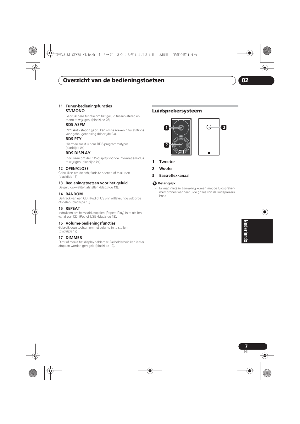Luidsprekersysteem, Overzicht van de bedieningstoetsen 02 | Pioneer X-HM21BT-S User Manual | Page 151 / 256