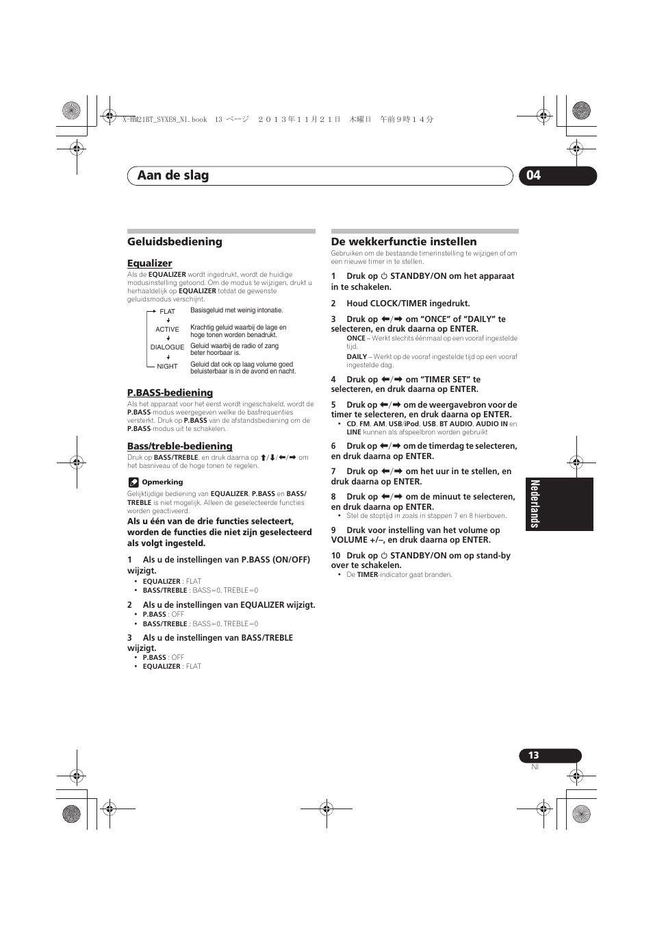 Geluidsbediening, Equalizer, P.bass-bediening | Bass/treble-bediening, De wekkerfunctie instellen, Aan de slag 04 | Pioneer X-HM21BT-S User Manual | Page 157 / 256