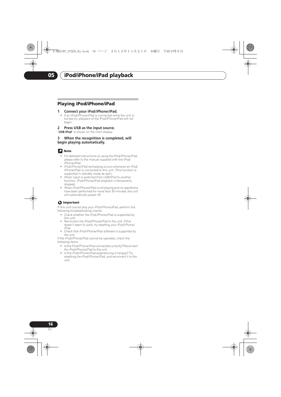 Playing ipod/iphone/ipad, Ipod/iphone/ipad playback 05 | Pioneer X-HM21BT-S User Manual | Page 16 / 256