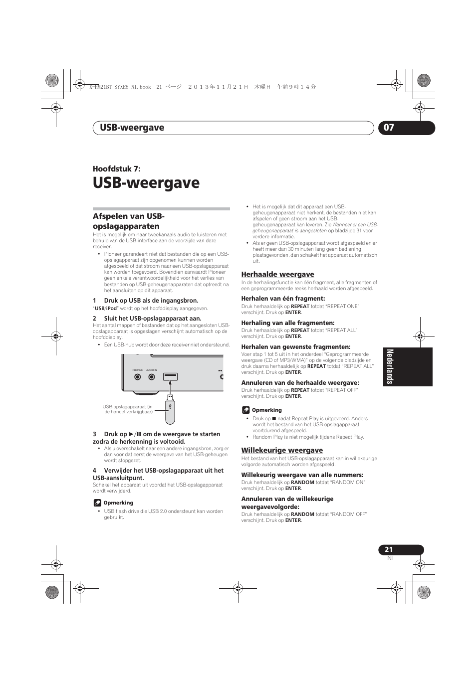 07 usb-weergave, Afspelen van usb-opslagapparaten, Herhaalde weergave | Willekeurige weergave, Usb-weergave, Usb-weergave 07, Hoofdstuk 7, Afspelen van usb- opslagapparaten | Pioneer X-HM21BT-S User Manual | Page 165 / 256