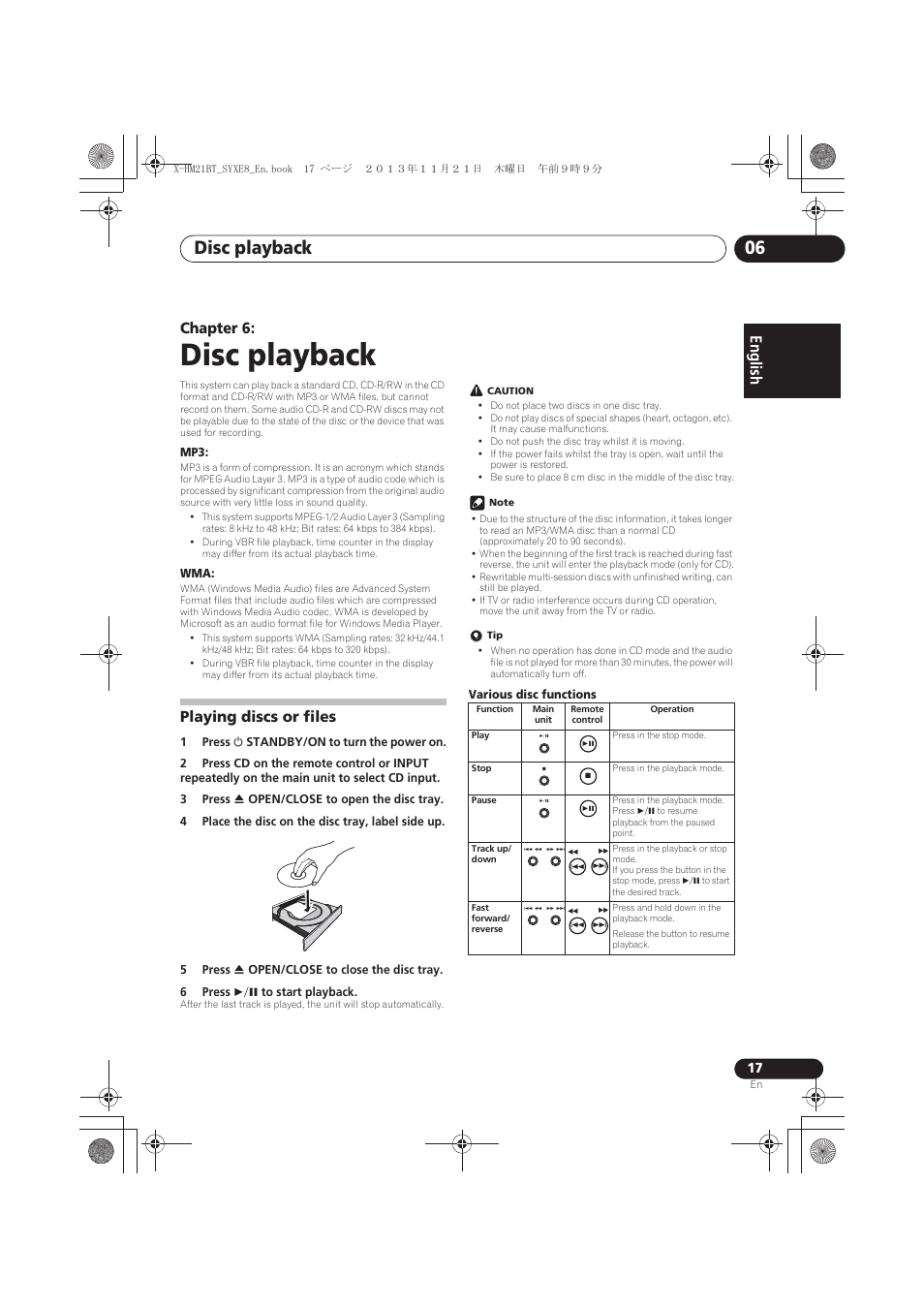 06 disc playback, Playing discs or files, Disc playback | Disc playback 06, English français español, Chapter 6 | Pioneer X-HM21BT-S User Manual | Page 17 / 256