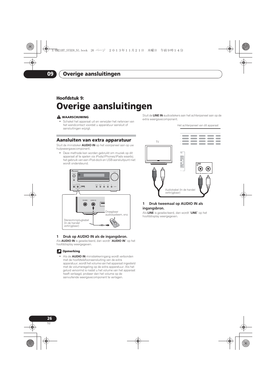 09 overige aansluitingen, Aansluiten van extra apparatuur, Overige aansluitingen | Overige aansluitingen 09, Hoofdstuk 9, Timer | Pioneer X-HM21BT-S User Manual | Page 170 / 256