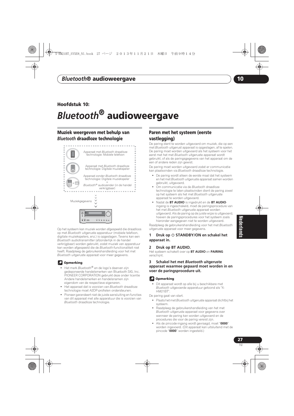 10 bluetooth ® audioweergave, Muziek weergeven met behulp van bluetooth, Draadloze technologie | Paren met het systeem (eerste vastlegging), Luister naar muziek op het systeem vanaf een met, Bluetooth, Audioweergave, Bluetooth ® audioweergave | Pioneer X-HM21BT-S User Manual | Page 171 / 256