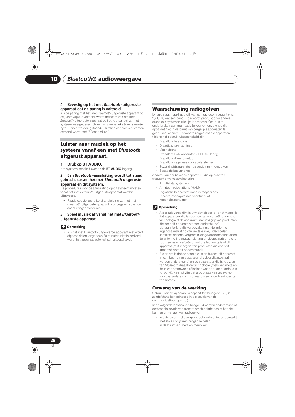 Bluetooth uitgerust apparaat, Waarschuwing radiogolven, Omvang van de werking | Bluetooth ® audioweergave | Pioneer X-HM21BT-S User Manual | Page 172 / 256