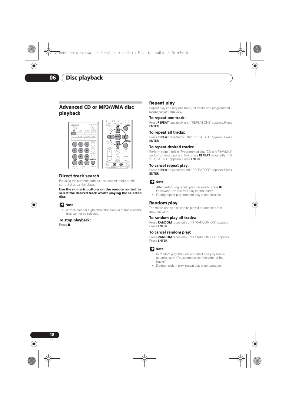 Advanced cd or mp3/wma disc playback, Direct track search, Repeat play | Random play, Disc playback 06 | Pioneer X-HM21BT-S User Manual | Page 18 / 256