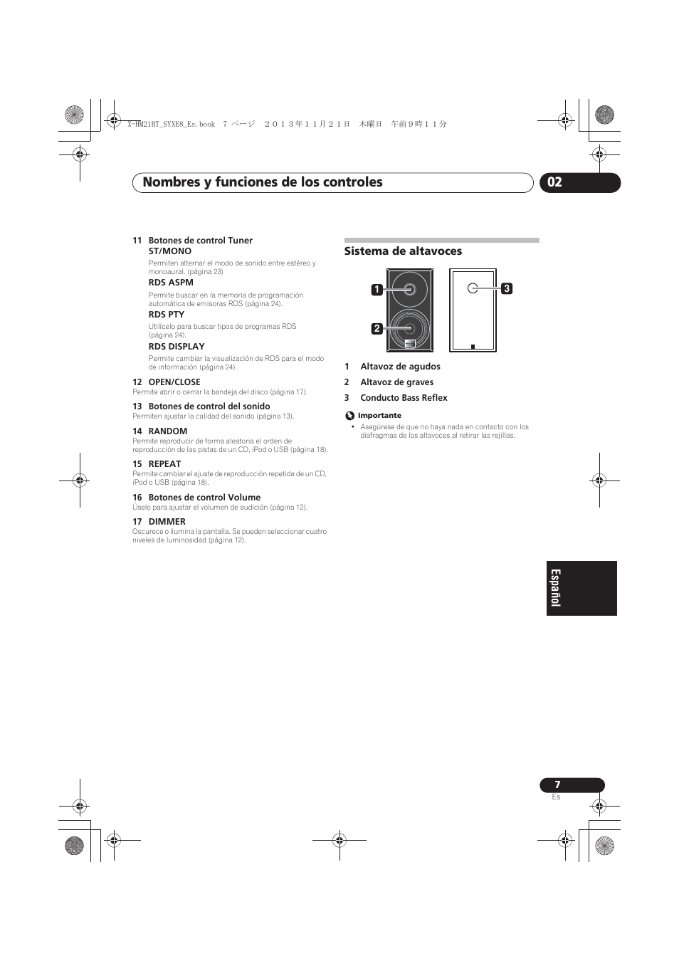 Sistema de altavoces, Nombres y funciones de los controles 02 | Pioneer X-HM21BT-S User Manual | Page 187 / 256
