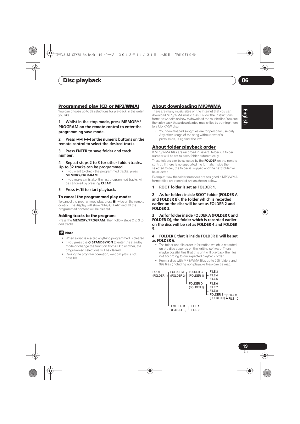 Programmed play (cd or mp3/wma), About downloading mp3/wma, About folder playback order | Disc playback 06, English français español | Pioneer X-HM21BT-S User Manual | Page 19 / 256