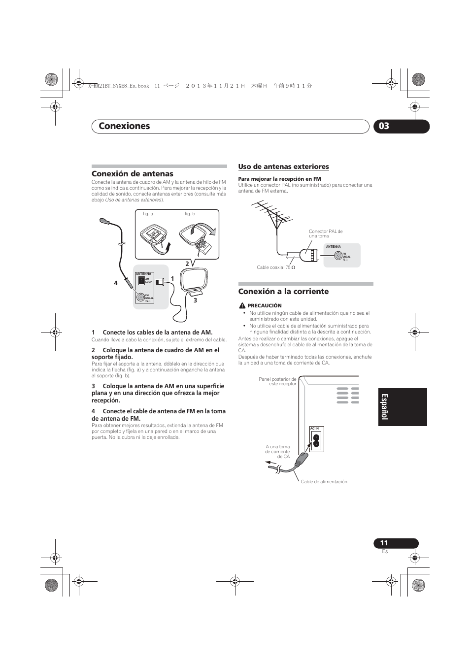 Conexión de antenas, Uso de antenas exteriores, Conexión a la corriente | Conexiones 03 | Pioneer X-HM21BT-S User Manual | Page 191 / 256