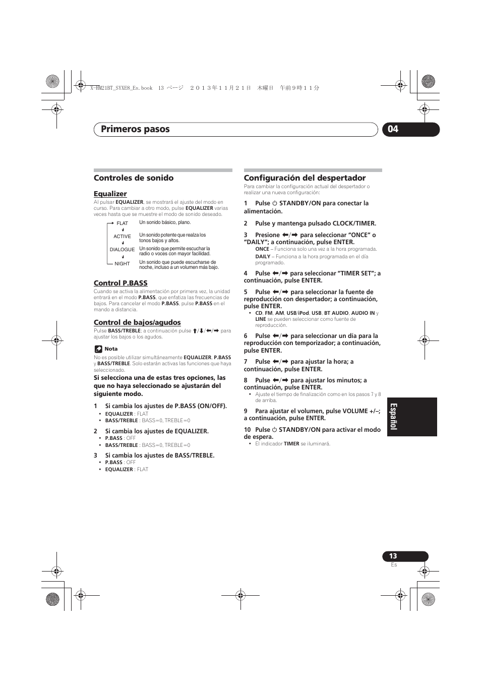 Controles de sonido, Equalizer, Control p.bass | Control de bajos/agudos, Configuración del despertador, Primeros pasos 04 | Pioneer X-HM21BT-S User Manual | Page 193 / 256