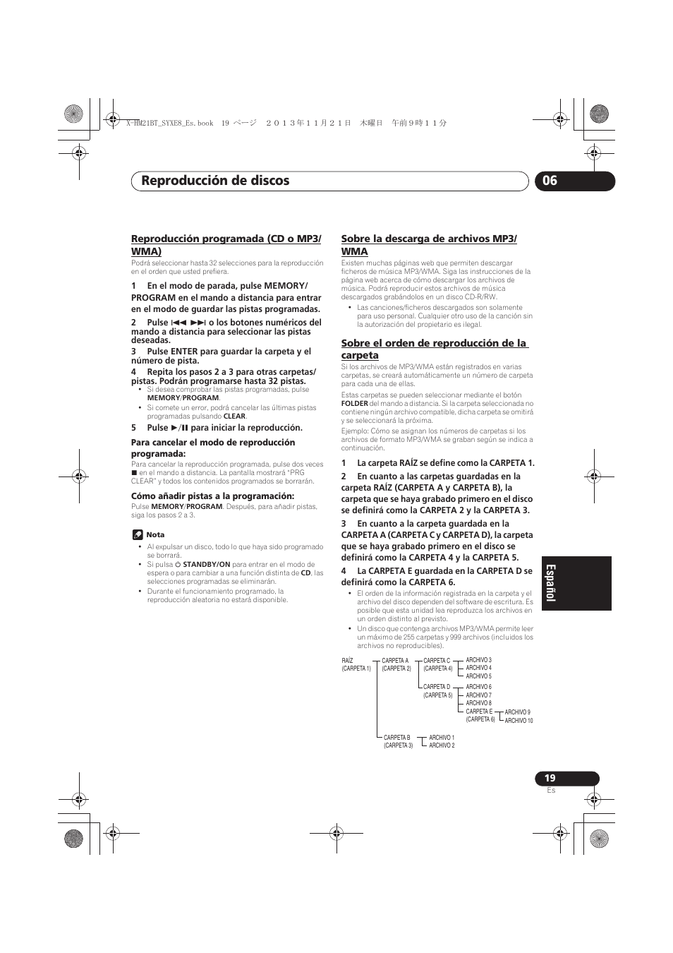 Reproducción programada (cd o mp3/wma), Sobre la descarga de archivos mp3/wma, Sobre el orden de reproducción de la carpeta | Reproducción de discos 06 | Pioneer X-HM21BT-S User Manual | Page 199 / 256