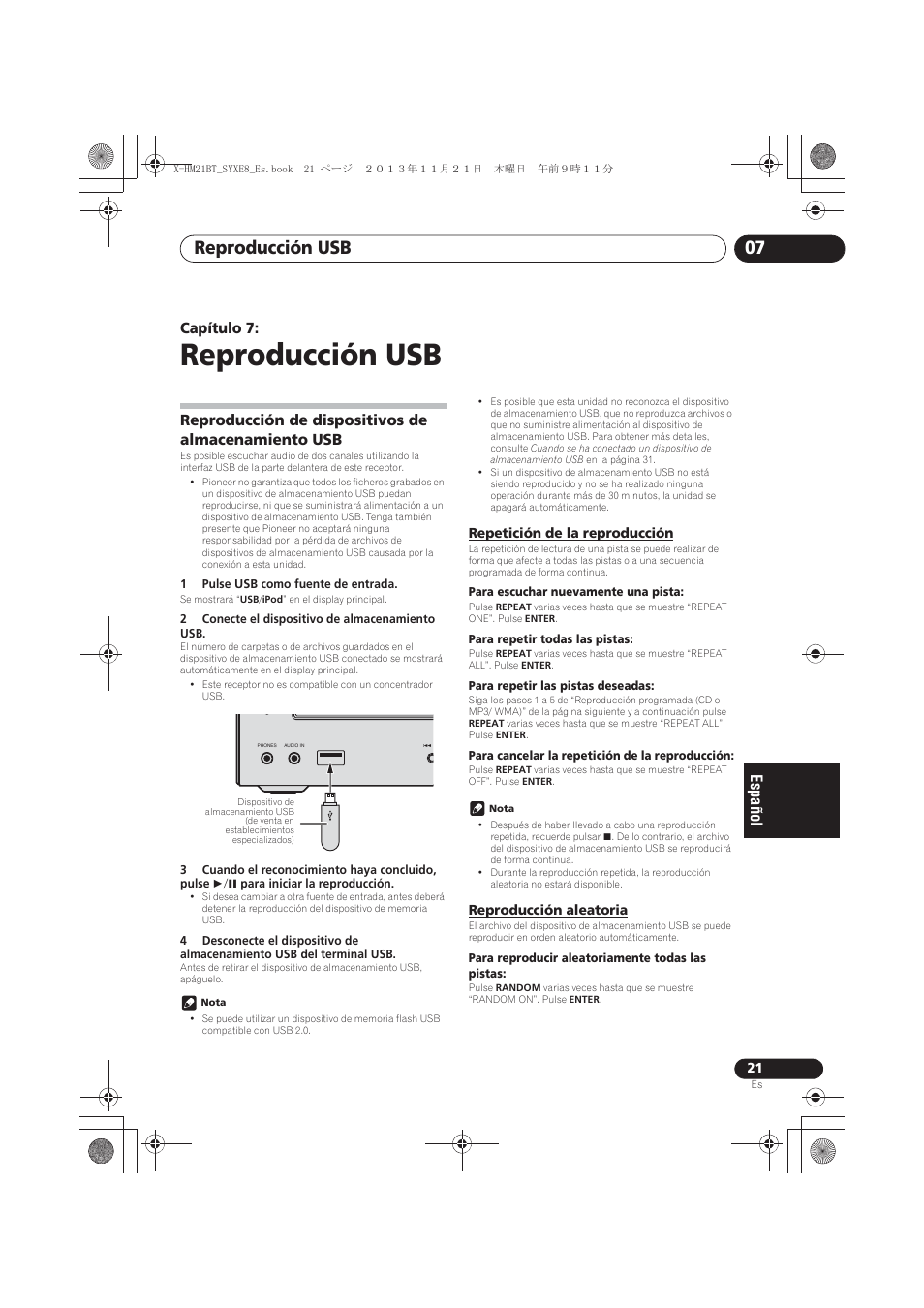 07 reproducción usb, Reproducción de dispositivos de almacenamiento, Repetición de la reproducción | Reproducción aleatoria, Reproducción usb, Reproducción usb 07, Capítulo 7, Reproducción de dispositivos de almacenamiento usb | Pioneer X-HM21BT-S User Manual | Page 201 / 256