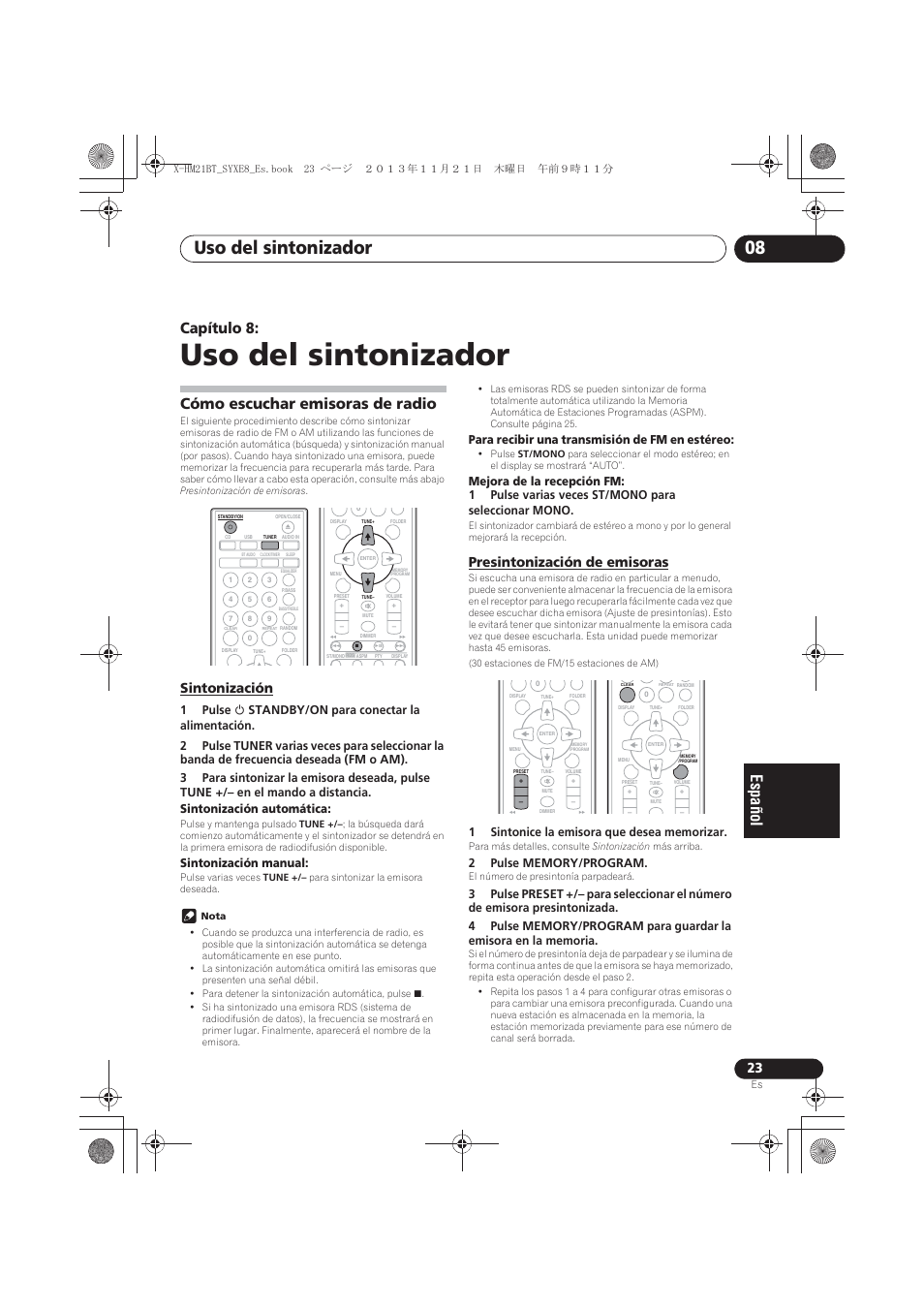 08 uso del sintonizador, Cómo escuchar emisoras de radio, Sintonización | Presintonización de emisoras, Uso del sintonizador, Uso del sintonizador 08, Capítulo 8, Sintonización manual, Para recibir una transmisión de fm en estéreo | Pioneer X-HM21BT-S User Manual | Page 203 / 256