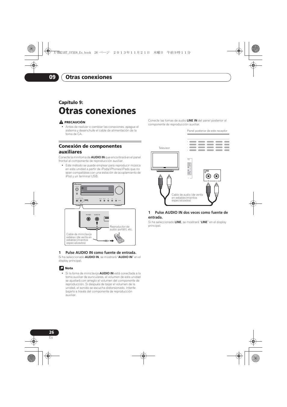 09 otras conexiones, Conexión de componentes auxiliares, Otras conexiones | Otras conexiones 09, Capítulo 9, Timer | Pioneer X-HM21BT-S User Manual | Page 206 / 256