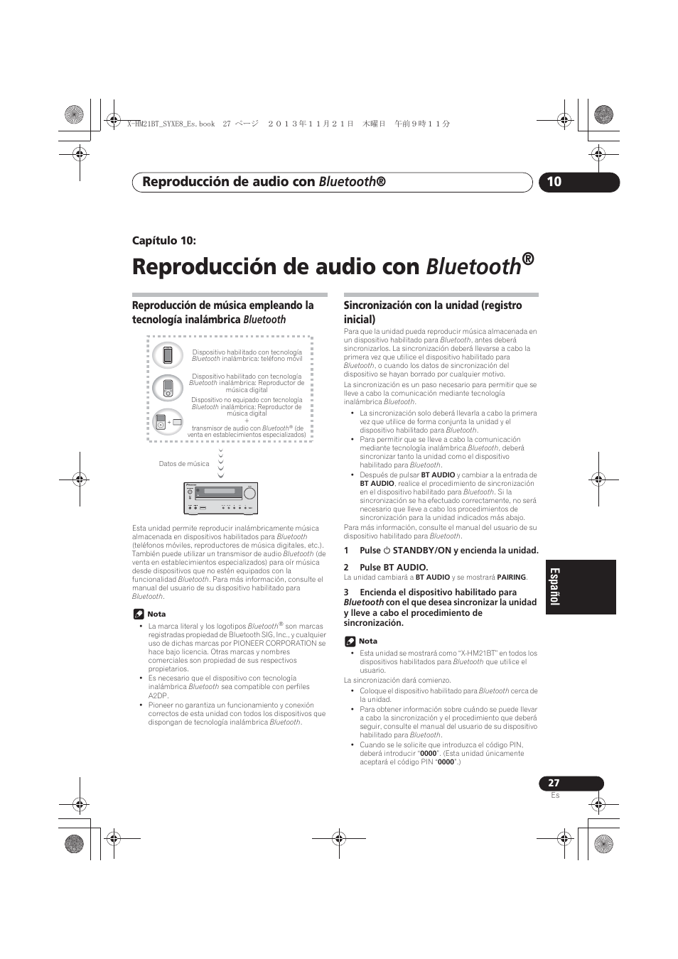 10 reproducción de audio con bluetooth, Reproducción de música empleando la tecnología, Inalámbrica bluetooth | Sincronización con la unidad (registro inicial), Reproducción de audio con bluetooth, Capítulo 10 | Pioneer X-HM21BT-S User Manual | Page 207 / 256