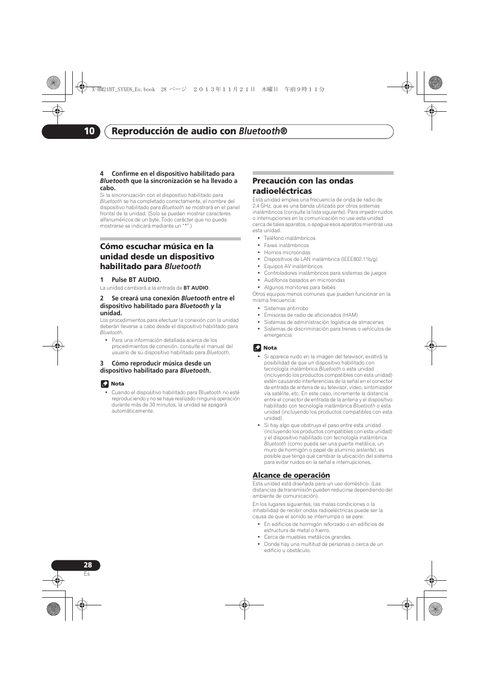 Cómo escuchar música en la unidad desde un, Dispositivo habilitado para bluetooth, Precaución con las ondas radioeléctricas | Alcance de operación, Reproducción de audio con bluetooth | Pioneer X-HM21BT-S User Manual | Page 208 / 256