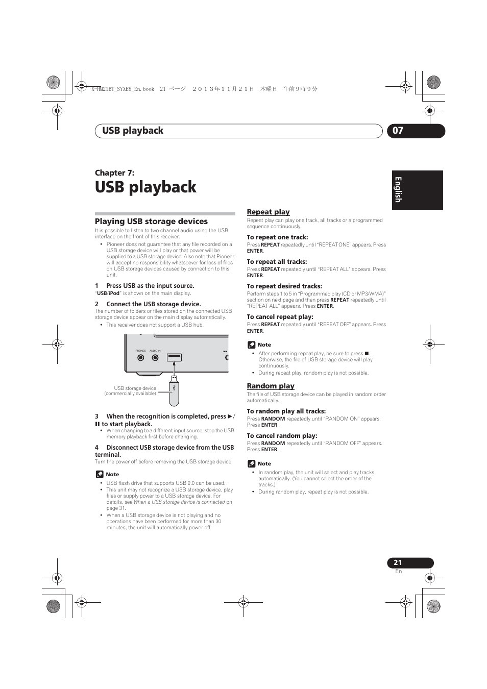 07 usb playback, Playing usb storage devices, Repeat play | Random play, Usb playback, Usb playback 07, English français español, Chapter 7 | Pioneer X-HM21BT-S User Manual | Page 21 / 256