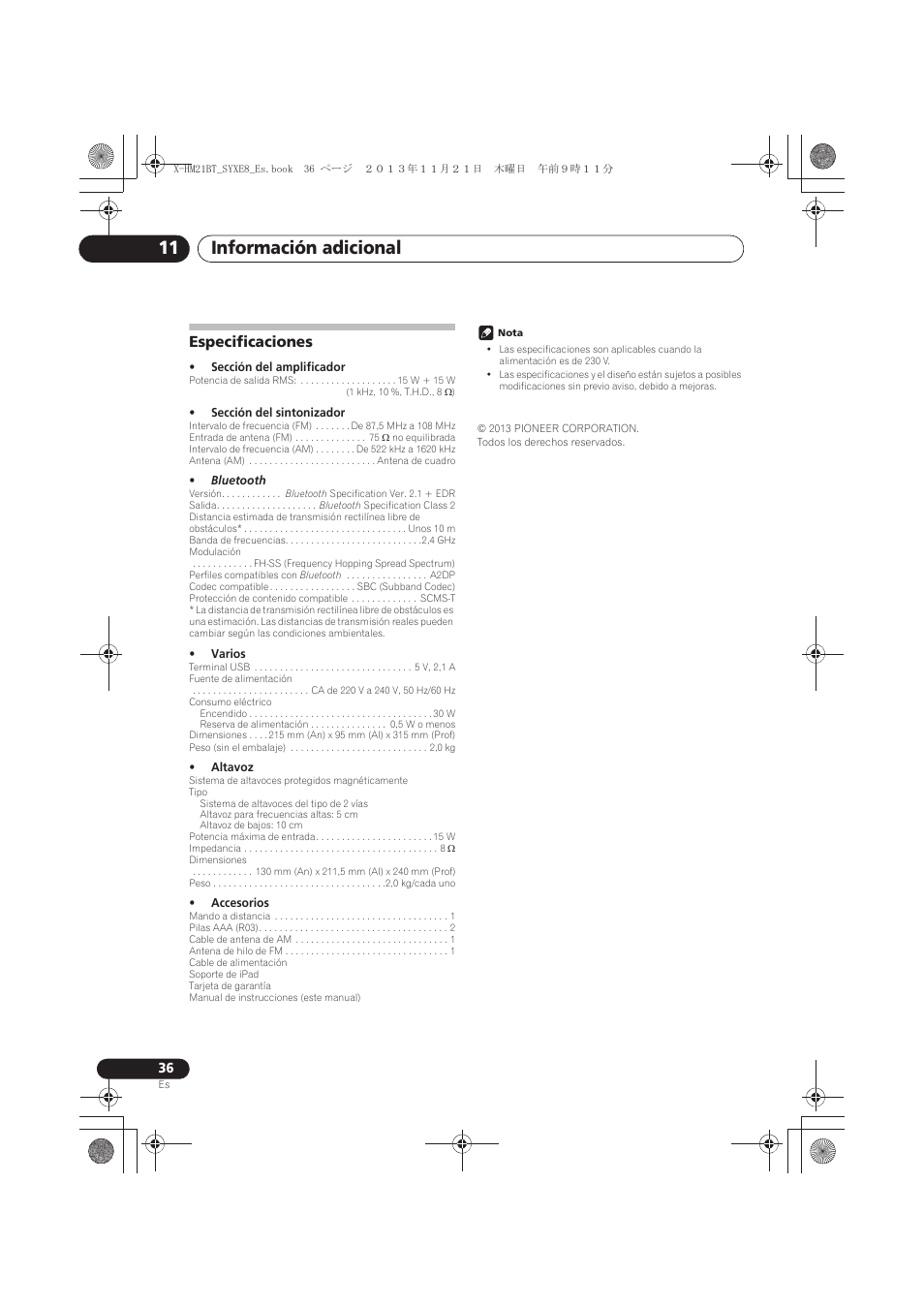 Especificaciones, Información adicional 11 | Pioneer X-HM21BT-S User Manual | Page 216 / 256