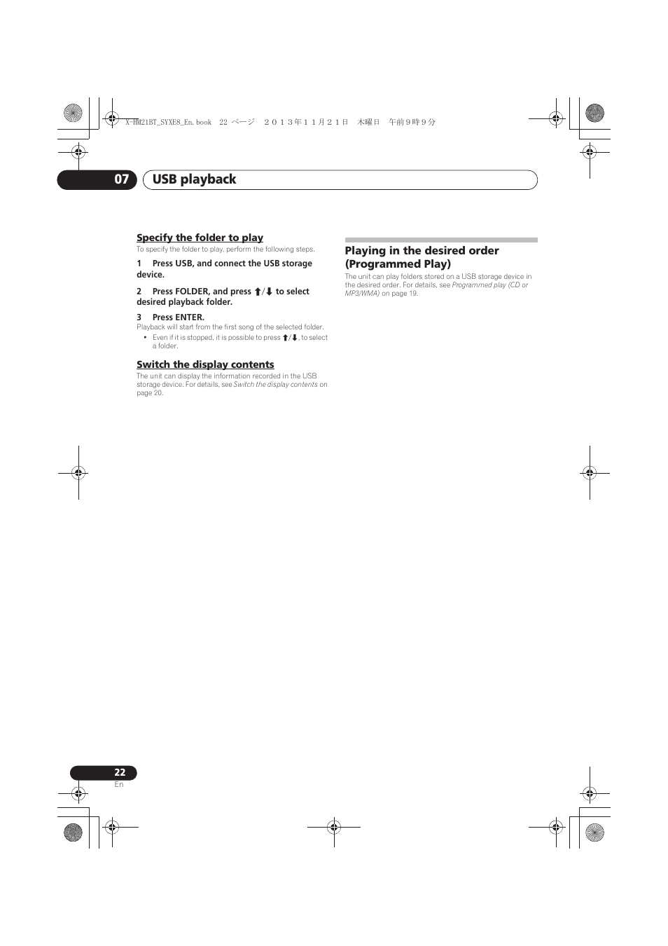 Specify the folder to play, Switch the display contents, Playing in the desired order (programmed play) | Usb playback 07 | Pioneer X-HM21BT-S User Manual | Page 22 / 256
