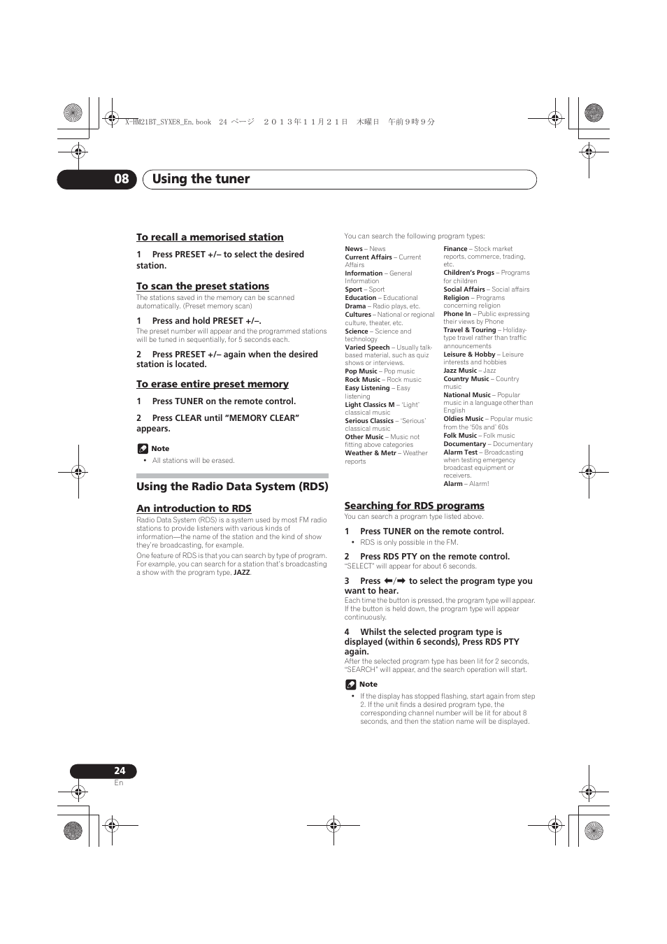 To recall a memorised station, To scan the preset stations, To erase entire preset memory | Using the radio data system (rds), An introduction to rds, Searching for rds programs, Using the tuner 08 | Pioneer X-HM21BT-S User Manual | Page 24 / 256