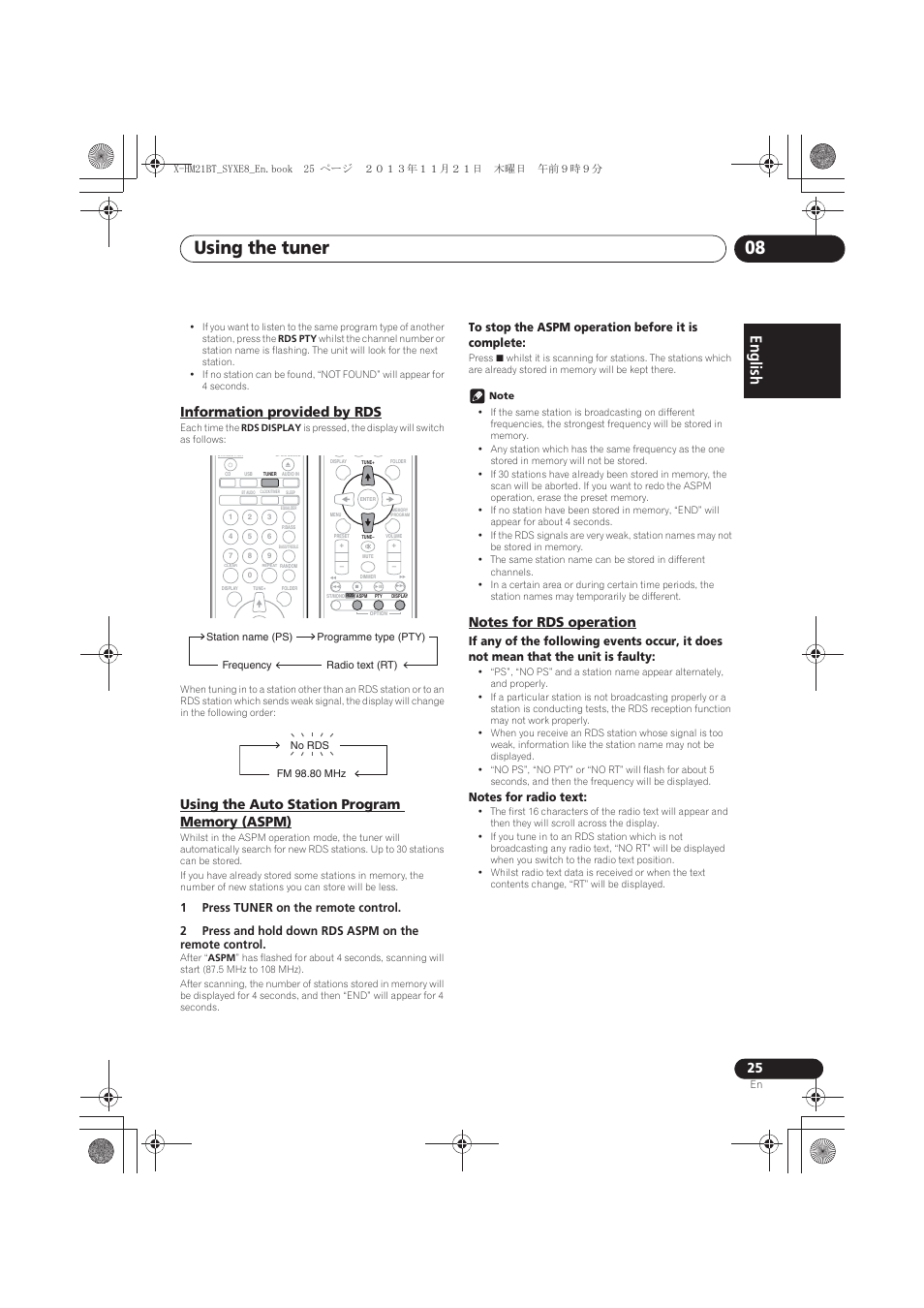 Information provided by rds, Using the auto station program memory (aspm), Notes for rds operation | Using the tuner 08, English français español | Pioneer X-HM21BT-S User Manual | Page 25 / 256