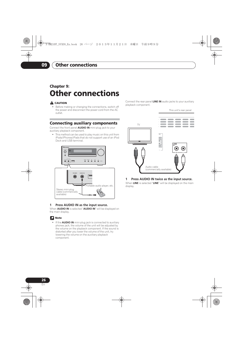 09 other connections, Connecting auxiliary components, Other connections | Other connections 09, Chapter 9, Timer | Pioneer X-HM21BT-S User Manual | Page 26 / 256