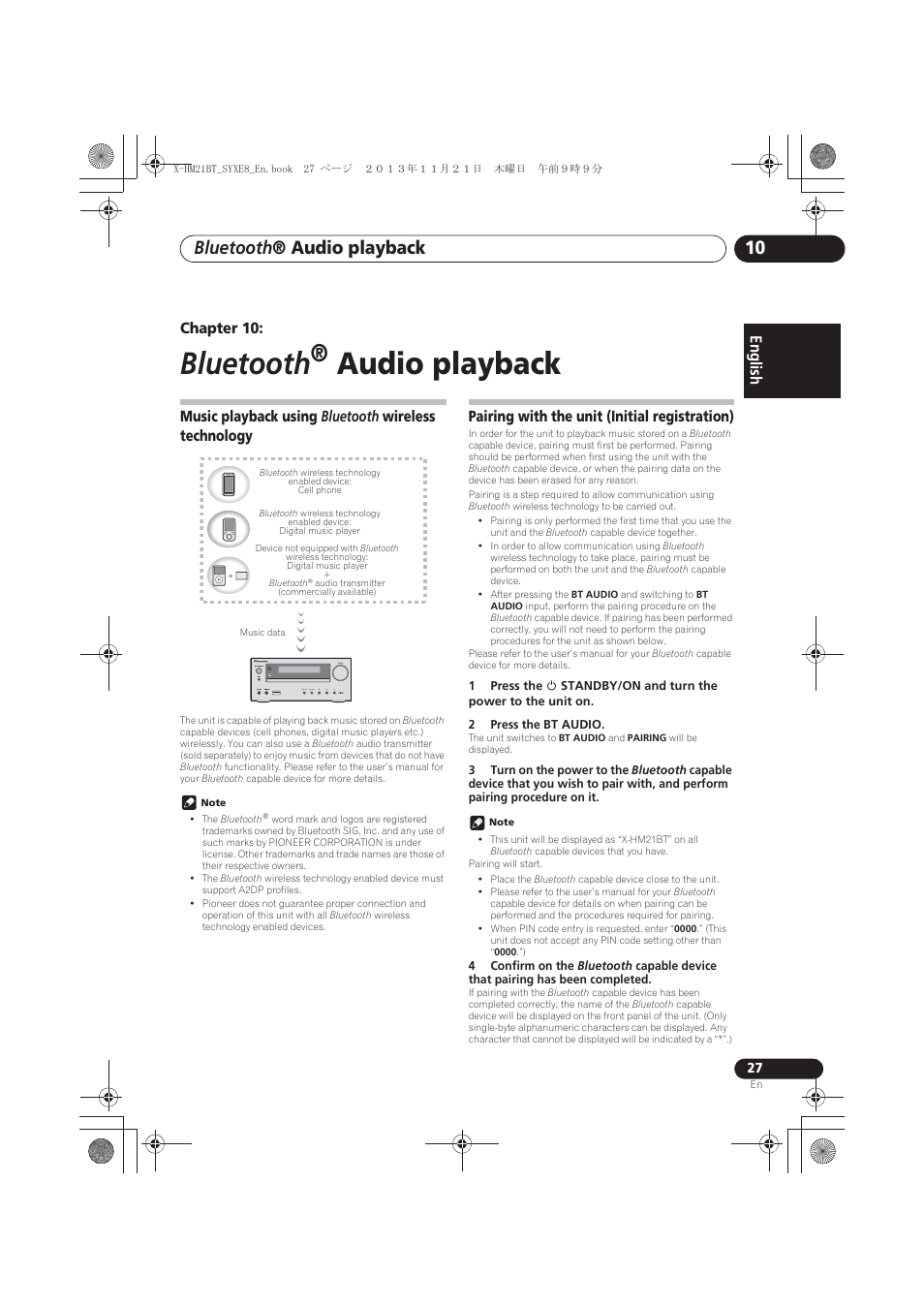 10 bluetooth ® audio playback, Music playback using bluetooth wireless, Technology | Pairing with the unit (initial registration), Bluetooth, Audio playback, Bluetooth ® audio playback, English français español, Chapter 10, Music playback using bluetooth wireless technology | Pioneer X-HM21BT-S User Manual | Page 27 / 256