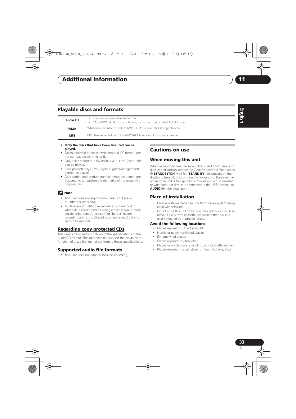 Playable discs and formats, Regarding copy protected cds, Supported audio file formats | Cautions on use, When moving this unit, Place of installation, Additional information 11, English français español | Pioneer X-HM21BT-S User Manual | Page 33 / 256