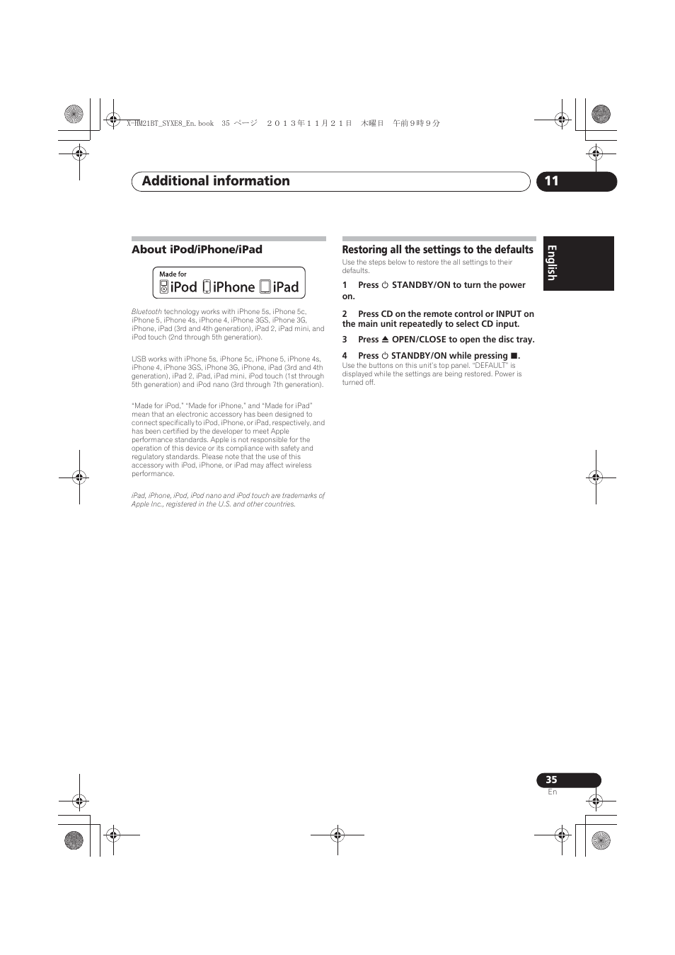 About ipod/iphone/ipad, Restoring all the settings to the defaults, Additional information 11 | English français español | Pioneer X-HM21BT-S User Manual | Page 35 / 256