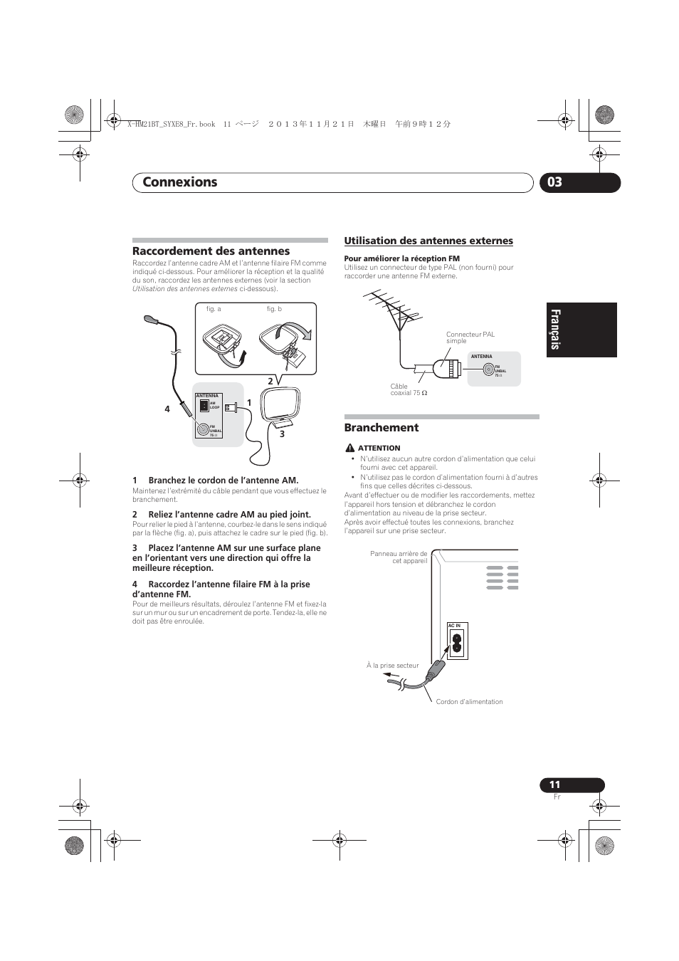Raccordement des antennes, Utilisation des antennes externes, Branchement | Connexions 03 | Pioneer X-HM21BT-S User Manual | Page 47 / 256