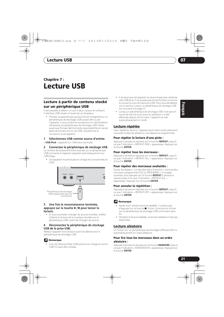 07 lecture usb, Lecture répétée, Lecture aléatoire | Lecture usb, Lecture usb 07, Chapitre 7 | Pioneer X-HM21BT-S User Manual | Page 57 / 256