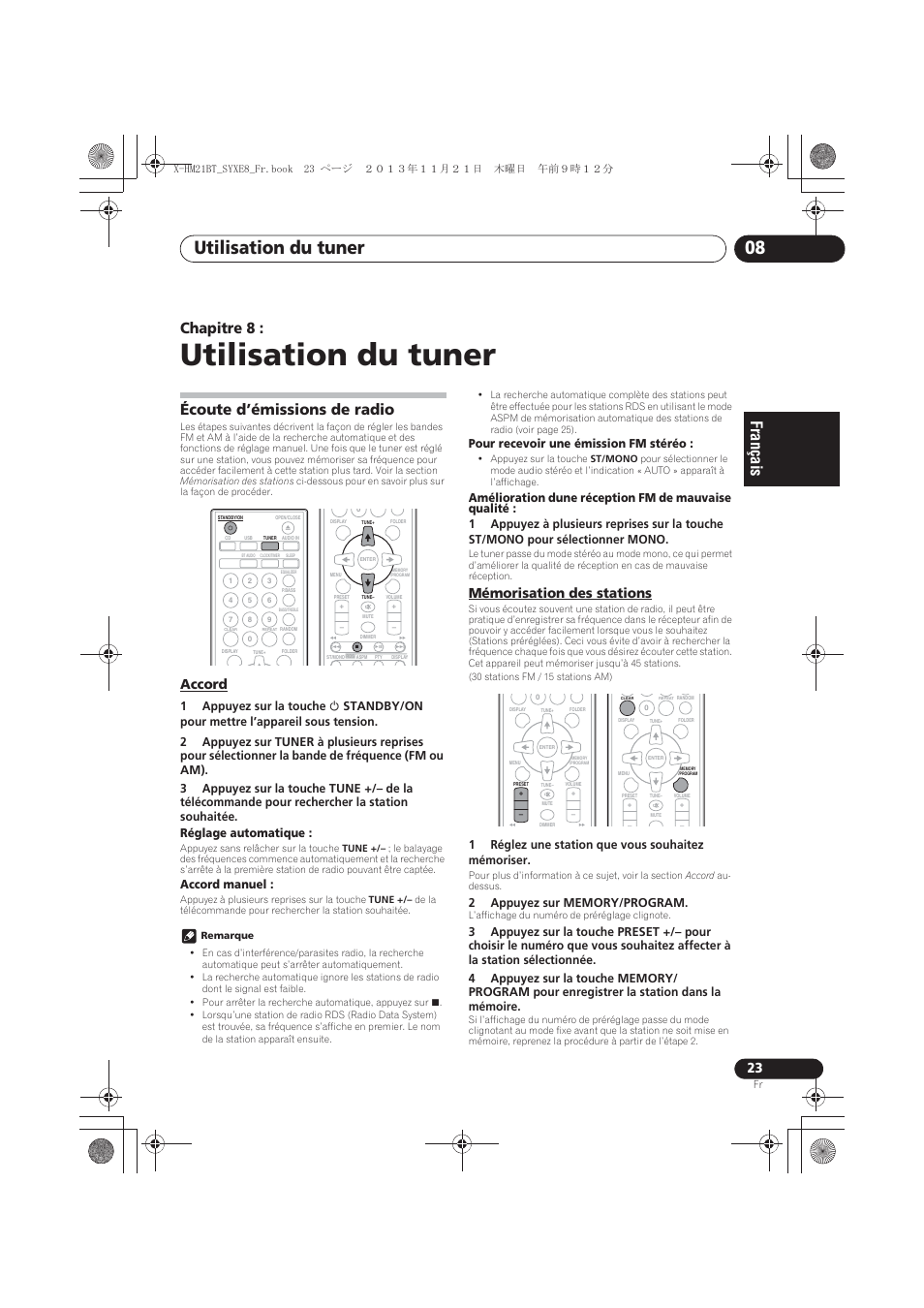08 utilisation du tuner, Écoute d’émissions de radio, Accord | Mémorisation des stations, Utilisation du tuner, Utilisation du tuner 08, Chapitre 8, Accord manuel, Pour recevoir une émission fm stéréo, 1réglez une station que vous souhaitez mémoriser | Pioneer X-HM21BT-S User Manual | Page 59 / 256