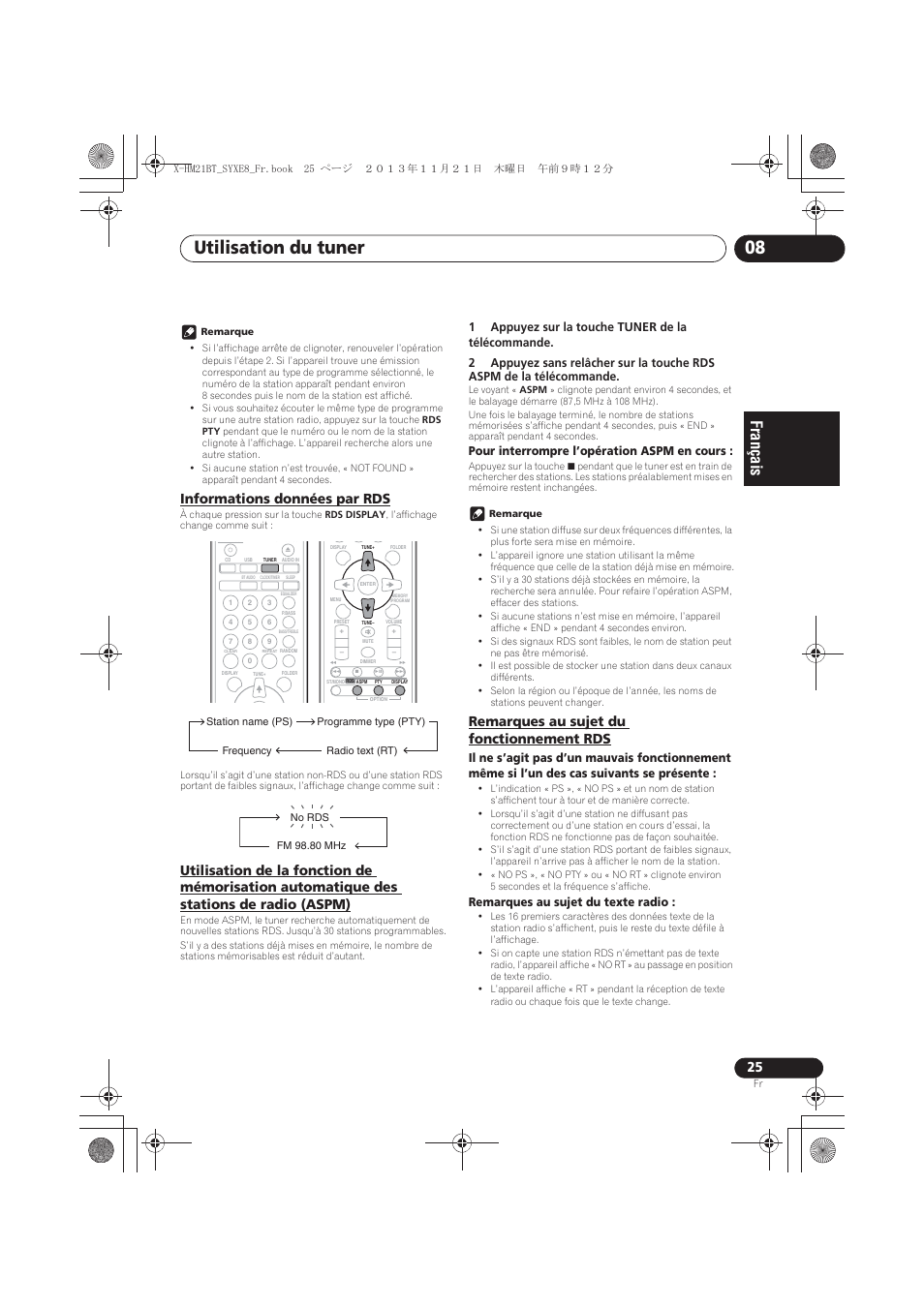 Informations données par rds, Des stations de radio (aspm), Remarques au sujet du fonctionnement rds | Utilisation du tuner 08 | Pioneer X-HM21BT-S User Manual | Page 61 / 256